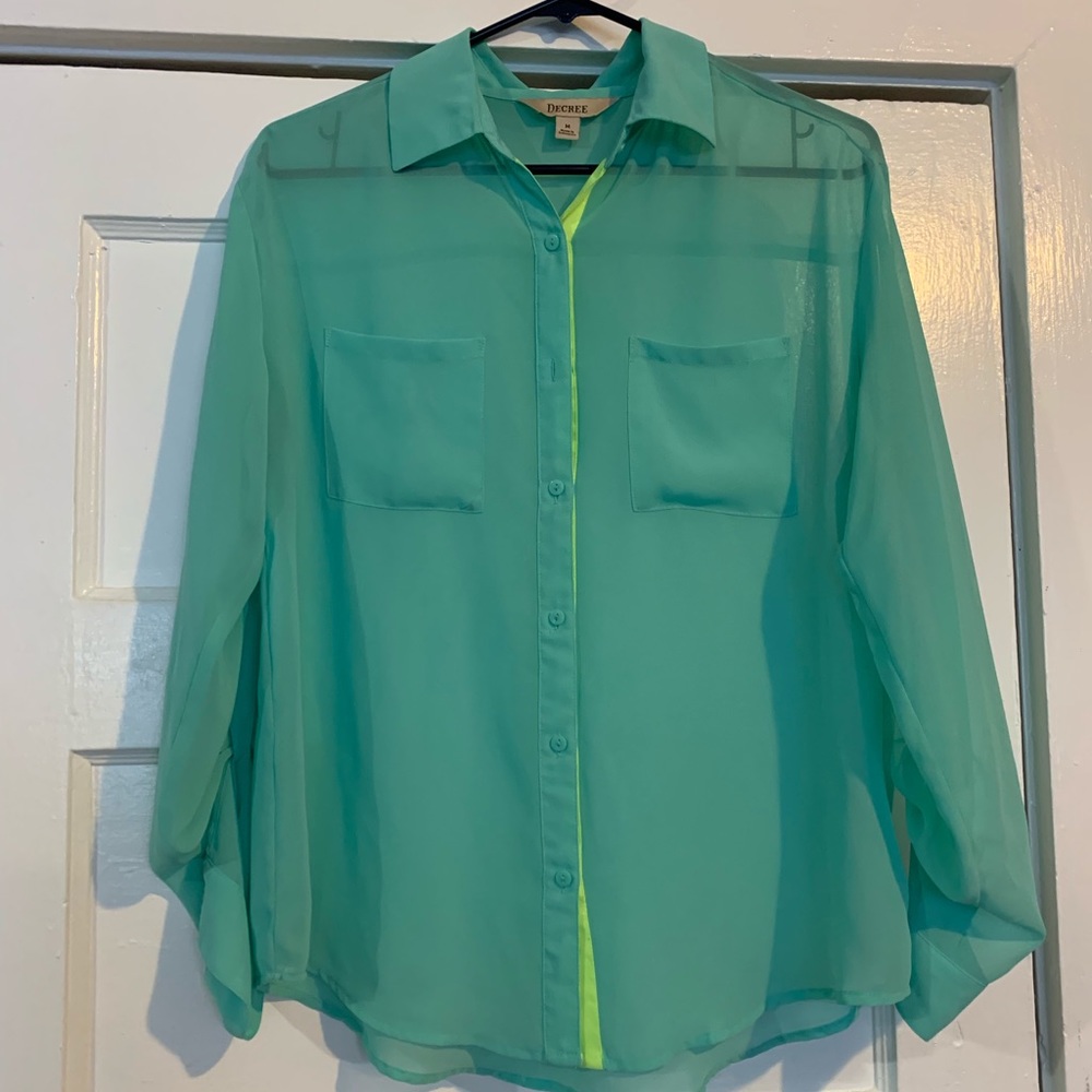 Sheer green/blue medium long sleeve button up shirt work interview meeting